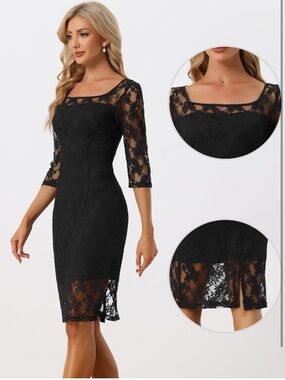 Allegra K Black Lace Midi Dress with Sheer Sleeves